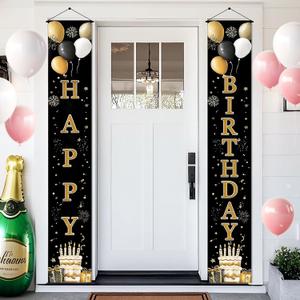 Birthday Door Banner 12x71 Inch Vertical Hanging Decoration Gold Black Happy Birthday Letter Sign Polyester Entryway Welcome Party Backdrop Indoor Outdoor Door Panel Wall Display