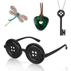 4 Pcs Accessories Fit for Cosplay Costume, Button Eyes Glasses, Key Necklace, Hair Clip, Green Stone Set Halloween Merchandise, Christmas Birthday Gift for Women Men and Fans