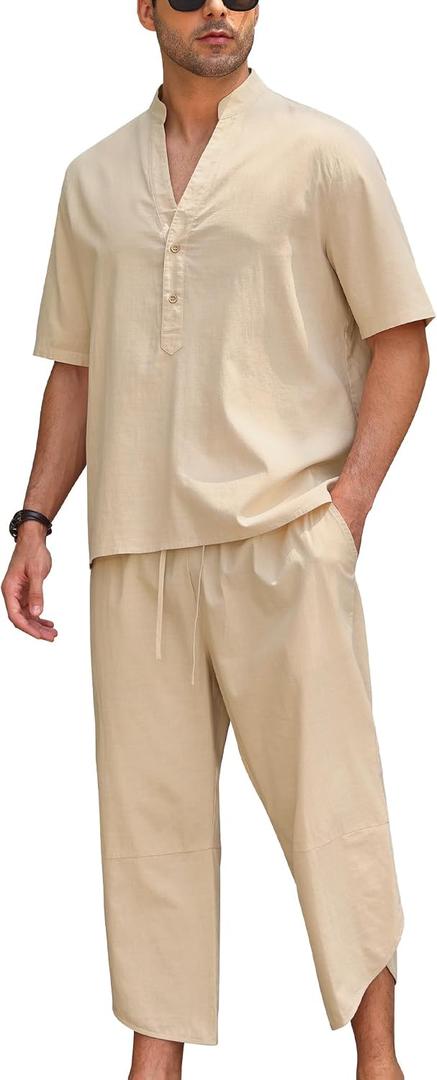 Men Linen Sets Outfits 2 Piece Short Sleeve V Neck Shirt and Harem Capri Pants Walking Suits For Men Beachwear (Beige)