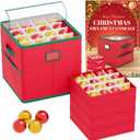 Christmas Ornament Storage Box with Dividers Fits 64 Holiday Ornaments 3 Inches Top Clear Christmas Storage Container with 4 Separate Trays Dual Zippers Red Holiday Ornament Storage Box Bin