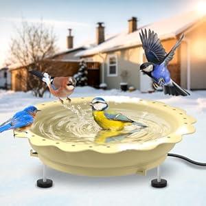 Heated Bird Bath for Outside Winter, Powerful 100W Thermostat Control Heated Bird Baths for Outdoors with 3 Metal Extension Screws, Heated Birdbath Water Heater for Garden Yard Patio Lawn, (Khaki)