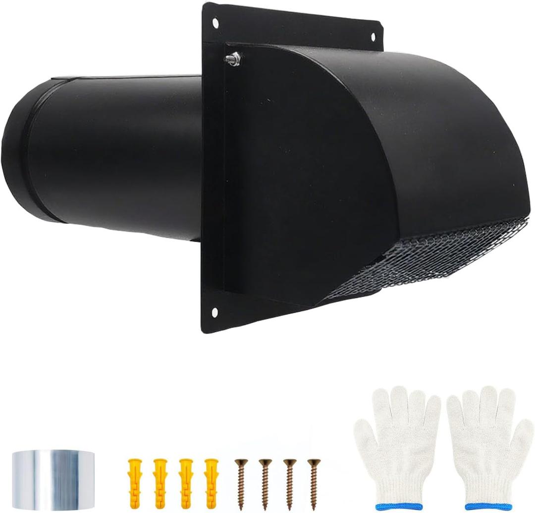 8 Inch Black Hooded Wall Vent Cover with Screen and Damper