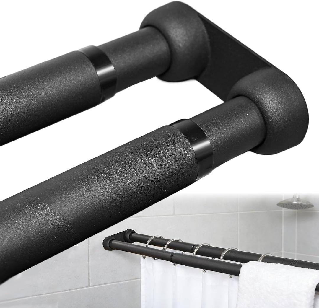Wall Mounted Double Shower Curtain Rod for Bathroom, Adjustable 27" to 62" Heavy Duty Rustproof Black Double Shower Rod, Easy Installation for Shower Room Dry-Wet Separation