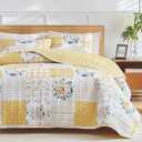 Joyreap 3 Pieces Floral Patchwork Quilt Set King, Yellow n White Flowers Design, Soft n Cozy Microfiber Quilt, Bedspread Bed Cover for All Season, 1 Quilt and 2 Pillow Shams- 102x90 inches