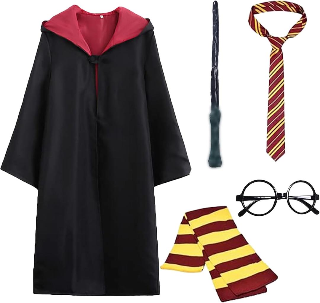 Wizard Costume Cosplay Set, Wizard Cloak Robe for Adults Teens, Wizarding Halloween Costume Accessories for Party (X-Large, Red)