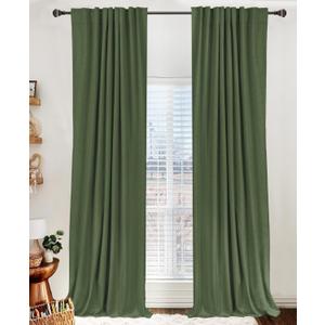 100% Blackout Shield Linen Blackout Curtains for Bedroom 84 Inches Long, Back Tab/Rod Pocket Living Room Drapes, Thermal Insulated Blackout Curtains 2 Panels Set, 50" W x 84" L, Moss Green