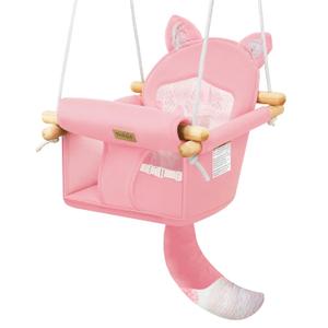 Wooden Baby Swing with Safety Belt - Adjustable Infant & Toddler Swings for Indoor/Outdoor Use, Includes Mounting Hardware (Fox Design, Pink)