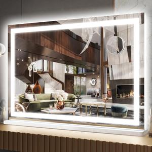 FENNIO Large Vanity Mirror with Lights32" x 22"Lighted Makeup Mirror, Large Makeup Mirror with Lights, Touch Sensor with Dimmable 3 Modes Vanity Mirror Square White