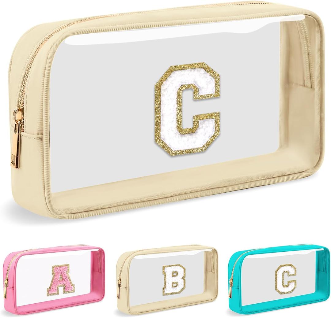 Personalized Initial Letter Clear Makeup Bag,Preppy Small Nylon&PVC Cosmetic Zipper Bag with Chenille Letter,Portable Beach Travel Skincare Toiletry Bag,Trendy Monogram Gift for Teen Girls Women,C