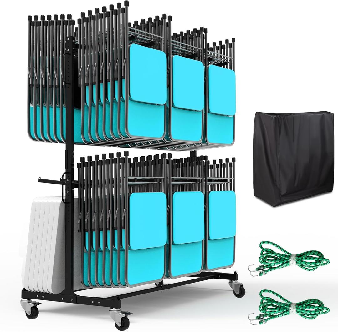 Eastrexon Updated Folding Chair Rack, Heavy-Duty Folding Chair Cart w/ 4 Swivel Wheels, Holds 12 Tables or 84 Chairs, Up to 1000 LBS Capacity, 2 Binding Ropes, 1 Dust Cover, 72L x 33W x 74H, Black