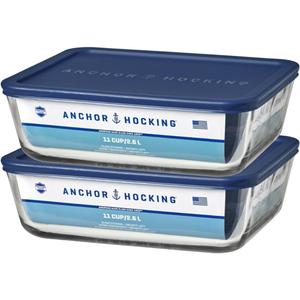 Anchor Hocking 11-Cup Glass Storage Containers with Lids, Set of 2 Glass Food Storage Containers with Navy SnugFit Lids