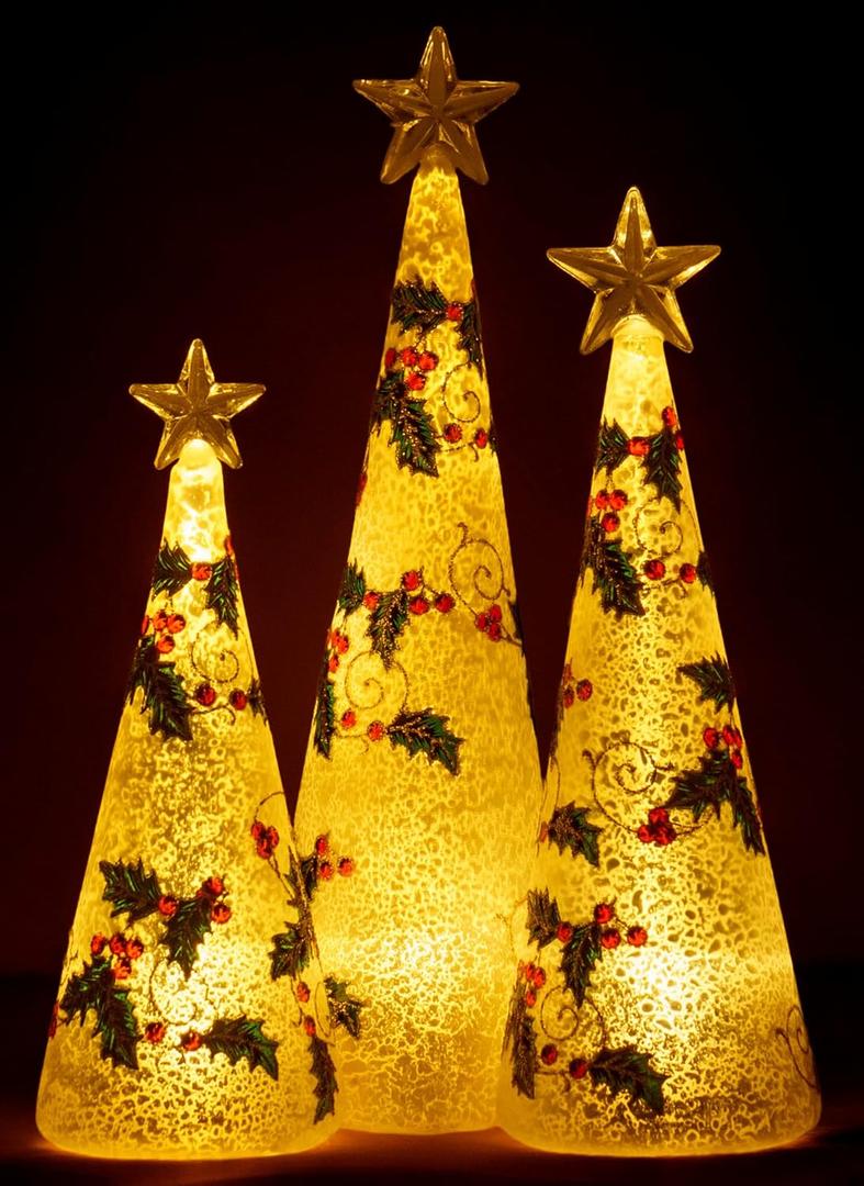 Red Co. Glass Christmas Tree Figurine Ornaments with LED Lights, Light-Up Holiday Season Dcor  Holly Berry in Silver  Set of 3 Sizes, 11 Inch, 9.5 Inch and 8 Inch
