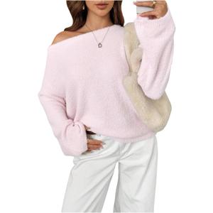 Verdusa Women's Cozy Off The Shoulder Sweater Fuzzy Knit Pullover Tops Fall Outfits (Pink, Small)