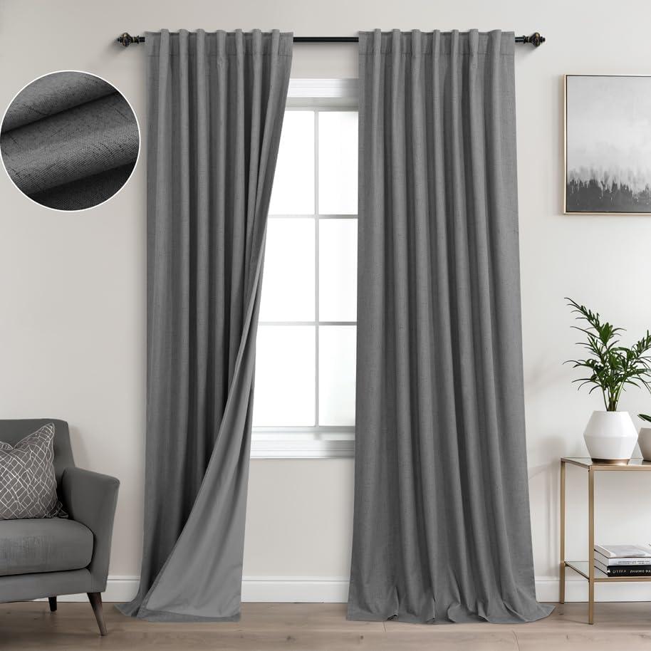 KOUFALL Grey Back Tab Linen Blackout Curtains 92 Inches Long (52"W x 92"L (Pack of 2))