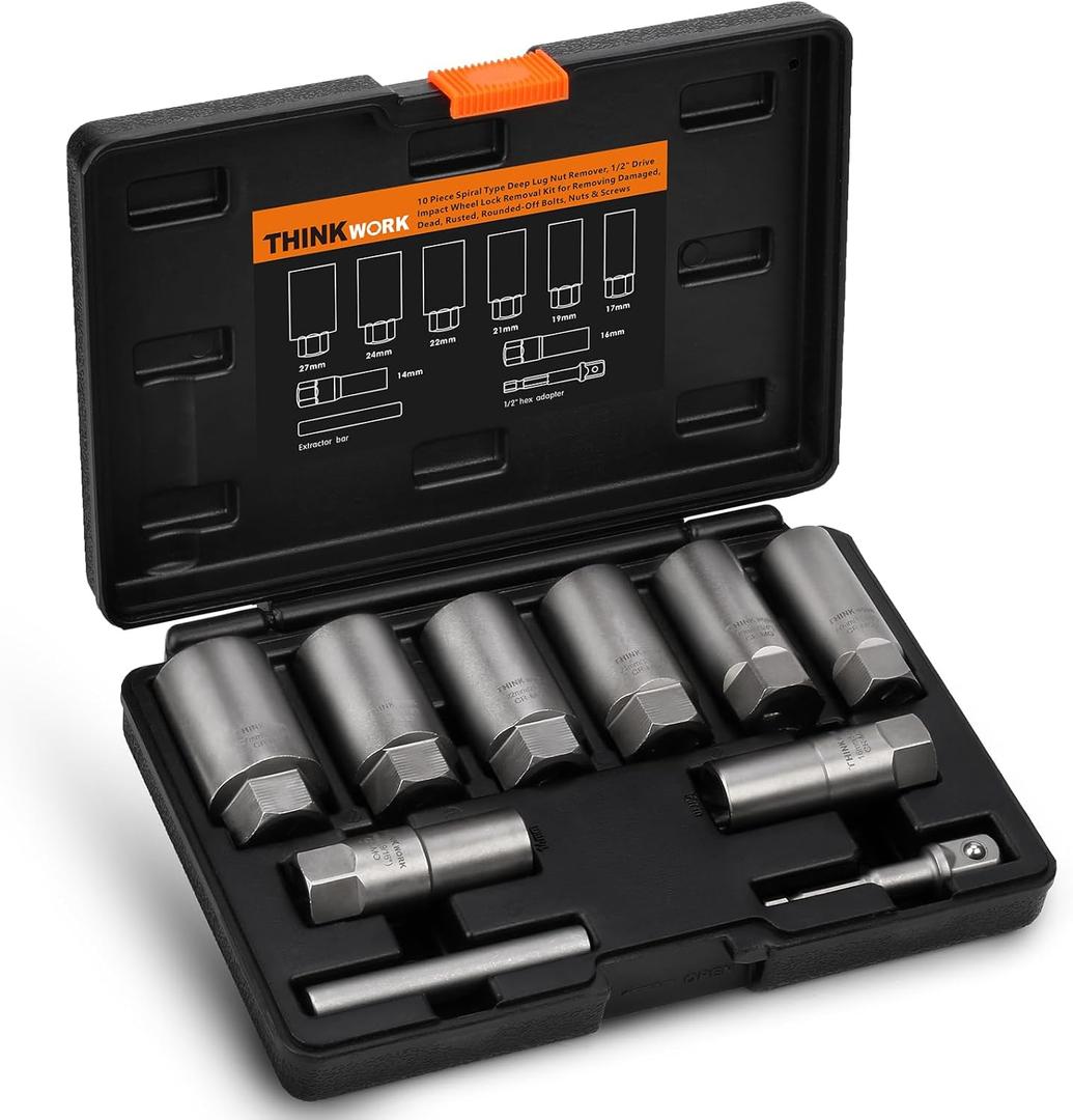 THINKWORK 1/2 Inch Drive Lug Nut Extractor Set, Large Sizes, 10pcs Wheel Lock Removal Kit, Deep Lug Nut Removal Tool for Damaged, Stripped, Rusted, Broken, Rounded Bolts, Nuts