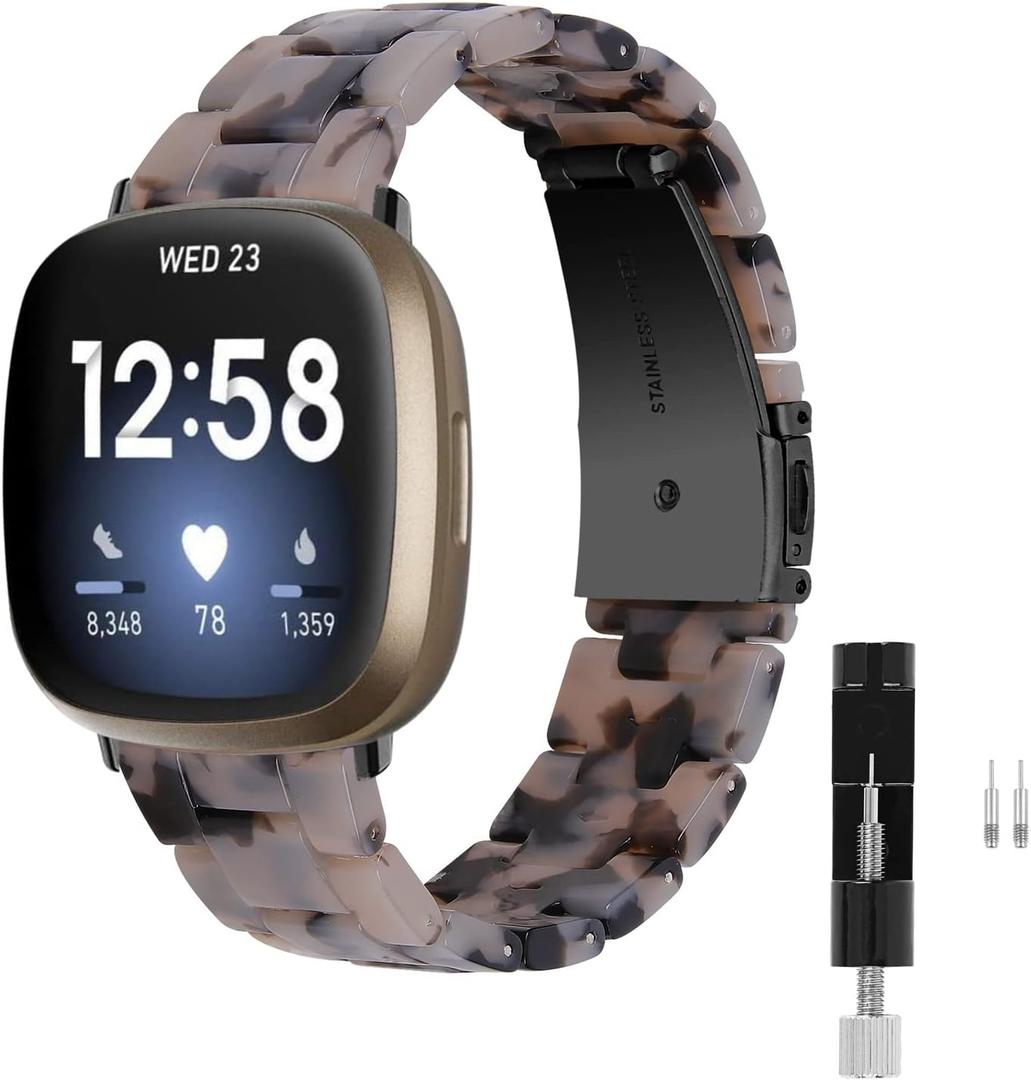 Resin Watch Band Compatible with Fitbit Versa 4/Sense 2/Versa 3/Fitbit Sense, Lightweight Adjustable Fashion Bracelet Wristband Replacement for Women Men with Stainless Metal Buckle (Black Grey)