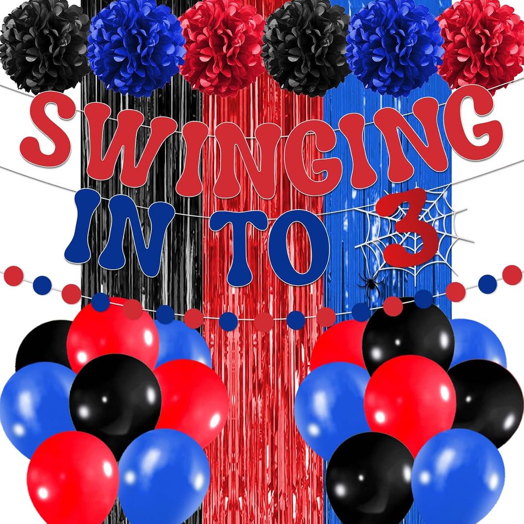 Spider Birthday Decorations with Swinging into 3 Banner Balloons Paper Pom Poms Foil Curtain Backdrop for 3 Years Old Kids Birthday Party