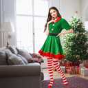 Elf Dress for Women Costume,Holiday Hat, Red Striped Stockings, Rubber Band Belt 4-Piece Set (Sizes: S, M, L, XL) (Green, L)