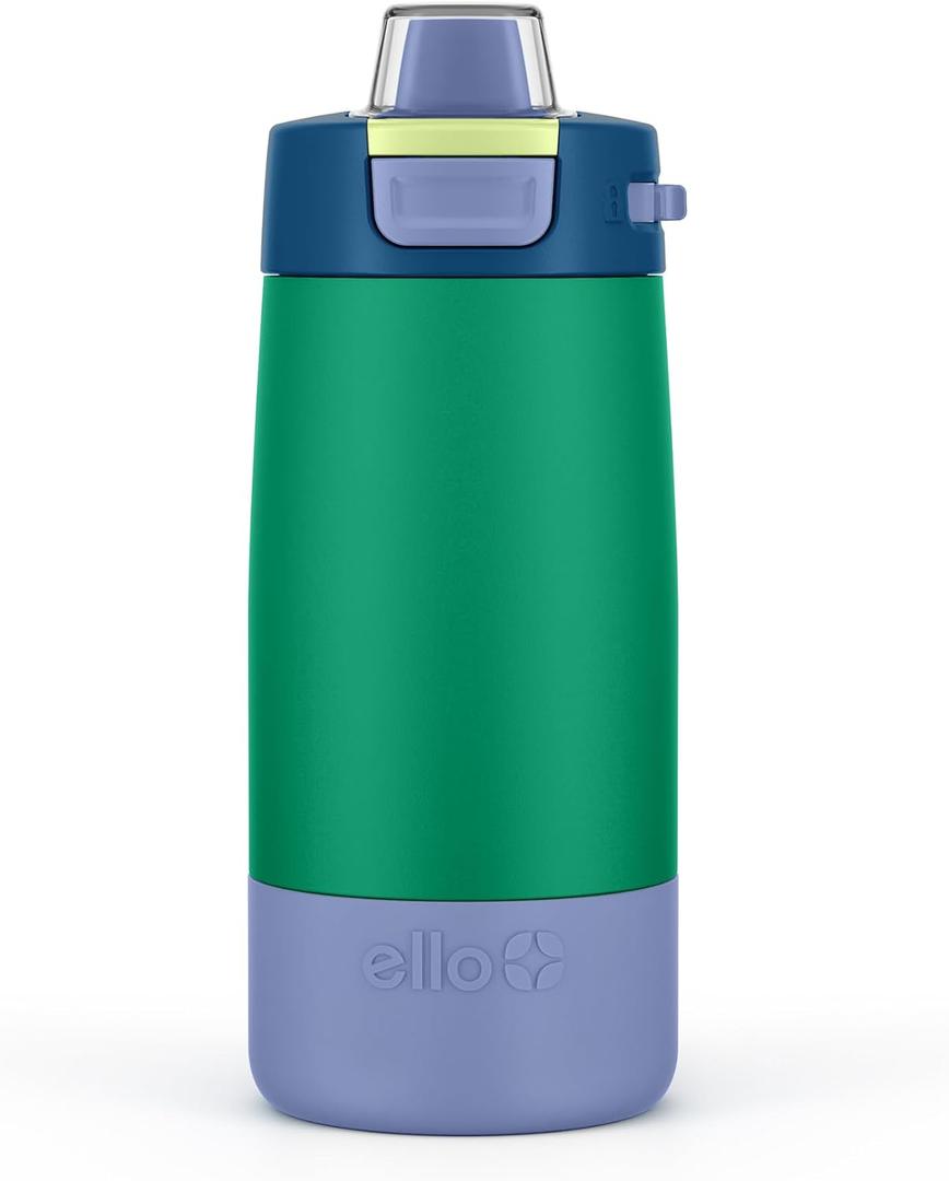Ello Kids Colby 12oz Stainless Steel Insulated Water Bottle with Straw and Built-In Silicone Coaster Carrying Handle and Leak-Proof Locking Lid for School Backpack, Lunchbox, and Outdoor Sports
