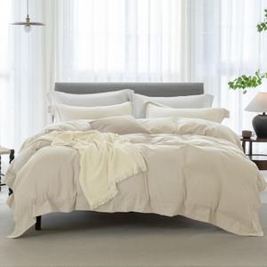 Cooling King Duvet Cover Set 3 Pieces-100% Washed Cotton with Chic Wide Trim Design Linen Like Textured Ultra Soft Cozy Bedding with Zipper Closure(Hemmed Almond Grey,King 104"x90")