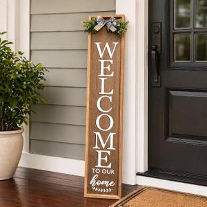 Vertical Wooden Welcome Sign for Front Porch Standing 45x9 Inch Large Wood Frame Outdoor Welcome Sign for Farmhouse Rustic Home Modern Outside Front Door Vertical Decorations(Brown)