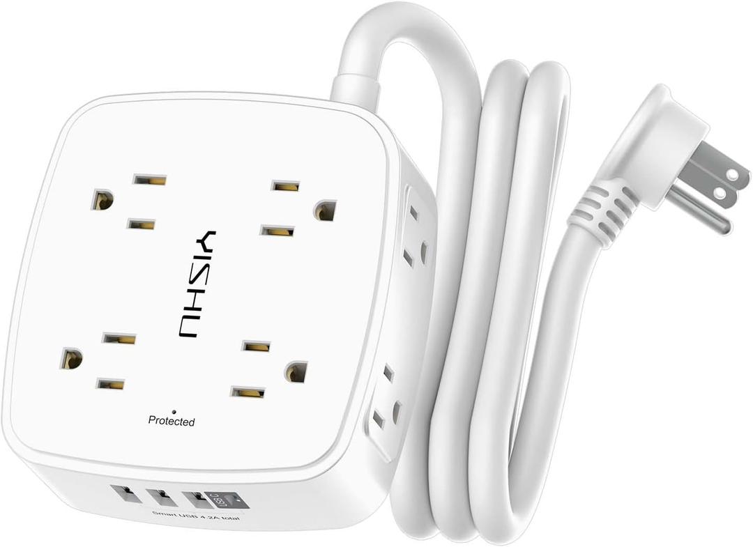 5Ft Surge Protector Power Strip - 8 Widely Outlets with 4 USB Ports, 3 Side Outlet Extender with 5 Feet Extension Cord, Flat Plug, Wall Mount, Desk USB Charging Station, ETL,White