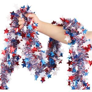 50 FT 4th of July Garland Decorations - Patriotic Star Tinsel Garland, Red White Blue Metallic Party Supplies Decor for America 250th Anniversary, Memorial Day Indoor Outdoor Porch Party Yard