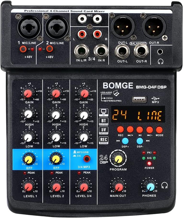 BOMGE 4 Channel mini DJ Audio Sound Mixer Interface with MP3 USB, Bluetooth, Stereo Recording, 48V Phantom Power, 24 DSP for karaoke, performance, church singing  podcas streaming