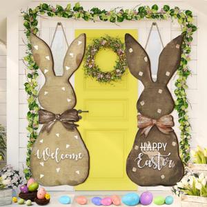 2 Pcs Large Easter Bunny Hanging Sign 27.56 x 11.81 Inches Bunny Wooden Front Door Decorations Rabbit Hanging Hanger Easter Rabbit Porch Sign for Home Indoor Outdoor Wall Spring Decoration(Vintage)