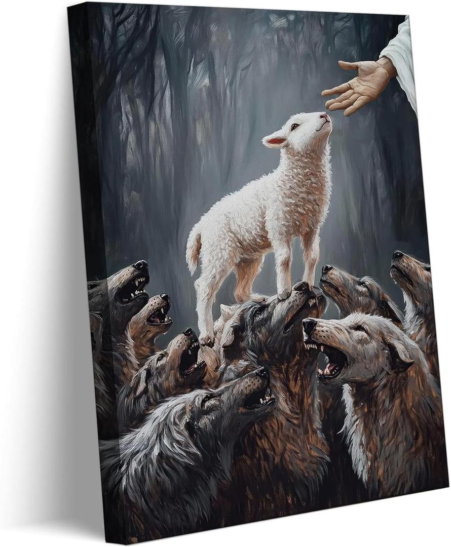 Jesus And Lamb Canvas Wall Art Jesus Saves The Lamb From Wolves Wall Decor Picture Christ Redemption The Lost Lamb Poster Print Painting for Living Room Bedroom Church Home Decoration Ready To Hang