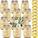 Tioncy 12 Pcs Painted Mason Jars for Table Glass Decorative Jars with 12 Light Strings for DIY Wedding Valentines Day Housewarming Home Decoration(Gold)