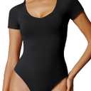 IUGA Bodysuits for Women Tummy Control Short Sleeve V Neck Body Suits for Womens Compression Slimming Thong Bodysuit (Medium, Black)
