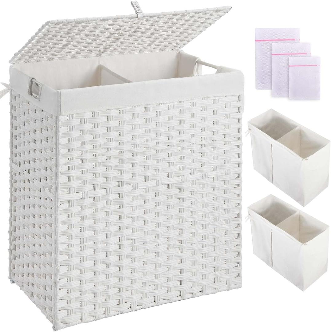 Greenstell Laundry Hamper with lid, No Install Needed, 130L Wicker Laundry Baskets Foldable 2 Removable Liner Bags, 2 Section Clothes Hamper Handwoven Rattan Laundry Basket with Handles, Natural 25x23 inches