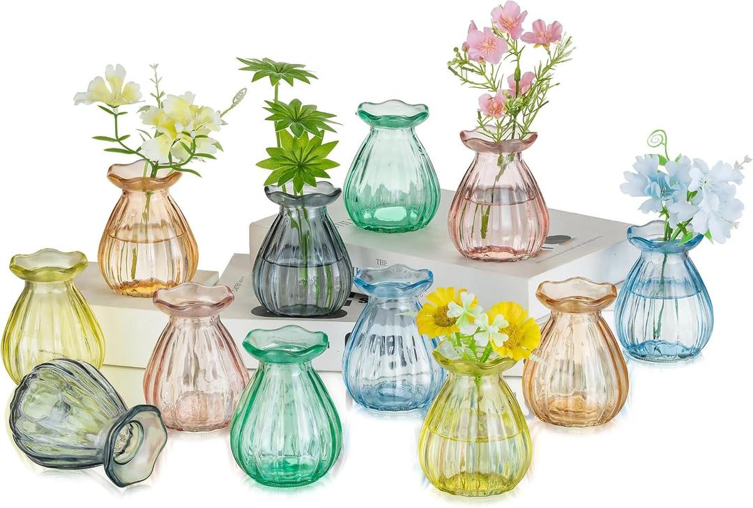 Hewory Small Bud Vases for centerpieces: 12 Pcs Glass Colored Vase for Flowers - Mini Ribbed Vases for Wedding Baby Bridal Shower Events Decorations