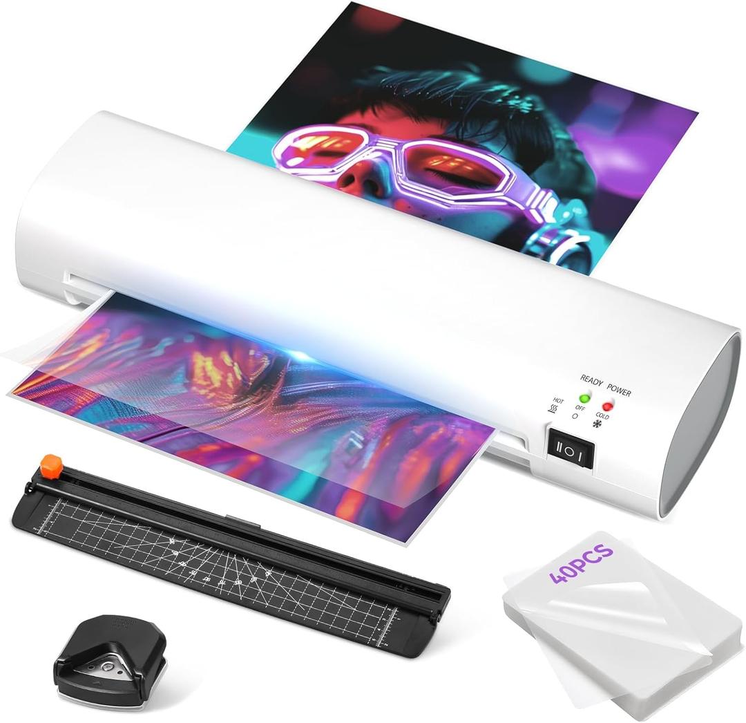 9 Inch Portable Laminator Machine with Anti-Jam Tech, All-in-One A4 Thermal Laminator w/Trimmer & Corner Rounder for Home, Office, School, Business, 40 Sheets Included, White