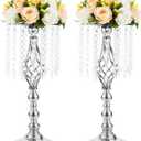 2 Pcs 19.3 inches Tall Crystal Flower Stand Wedding Road Lead Tall Flower Holders Centerpiece Crystal Flower Chandelier Metal Flower Vase for Reception Tables Wedding Supplies (Silver)