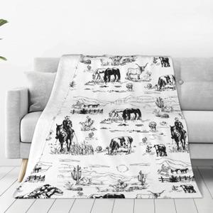 White Black Cowboy Cow Print Western Fleece Throw Flannel Blanket Soft Cozy Warm Decor Throws Lightweight Blankets for Camping Outdoor Couch Sofa Bed Chair 60x50 inches