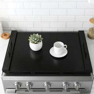 Black Stove Top Cover for Gas & Electric Range | 30"x22" Wooden Noodle Board with Handles | Multi-Layered Wood Kitchen Space Saver