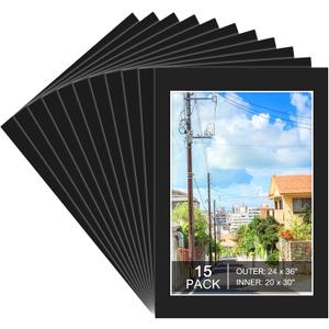 15 Pack Black Picture Mats 24x36 for 20x30 Photos, Bevel Cut
1.2 mm Thick Mat Board, Black Core Bevel Cut, Fits Photos, Prints and Artwork, Ideal for Frames, Gallery and Office Display