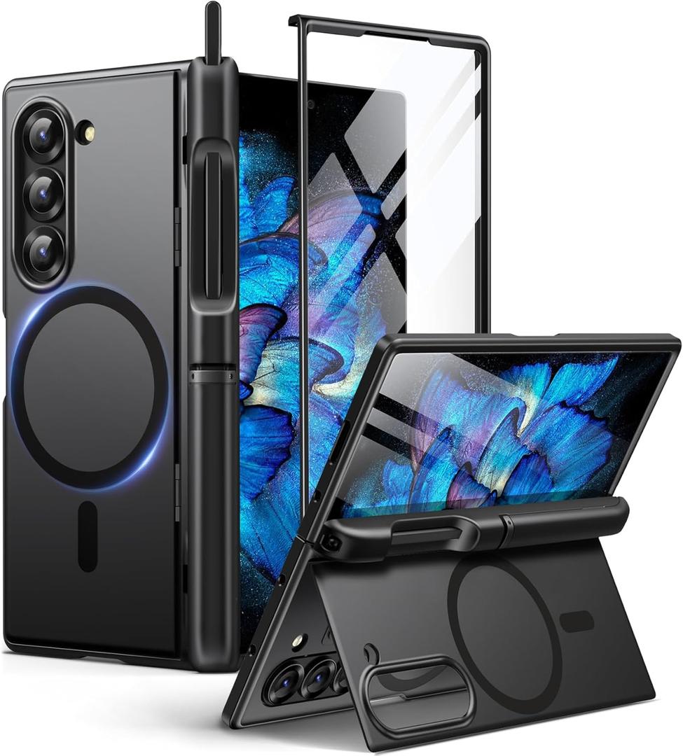 BERFY for Z Fold 6 Case with Screen Protector, [Compatible with MagSafe] Built-in Kickstand & S Pen Slot & Hinge Protection, Full Body Shockproof Phone Case for Samsung Galaxy Z Fold 6, Ebony