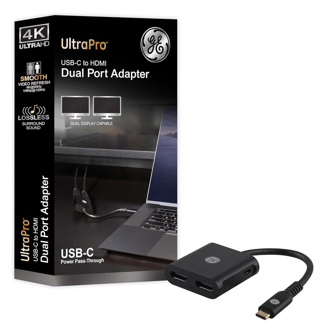 GE USB-C to Dual HDMI Adapter 4K @60hz, Type C to HDMI Converter, Display, Splitter and USB C Pass-Through Supports Extended Display of Dual Monitors, for Laptop, Desktop, Tablet, Gray, 81661