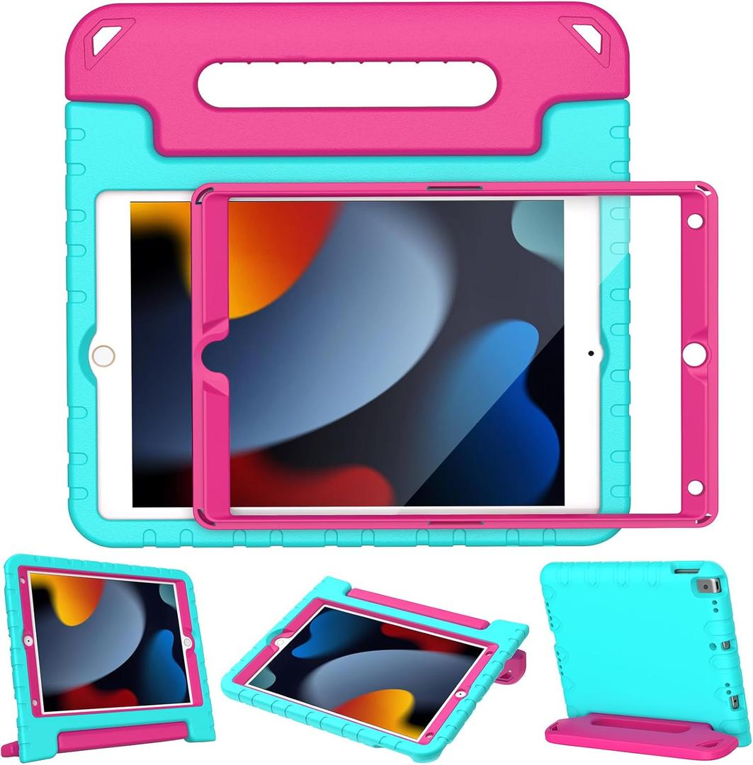 LTROP Kids Case for iPad 9th/ 8th/ 7th Generation (2021/2020/ 2019), iPad 10.2 Handle Stand Case - Turquoise and Rose