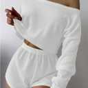 SweatyRocks Women's Off The Shoulder Waffle Knit Pajama Sets Crop Top and Shorts Lounge Set White Large (White, L)