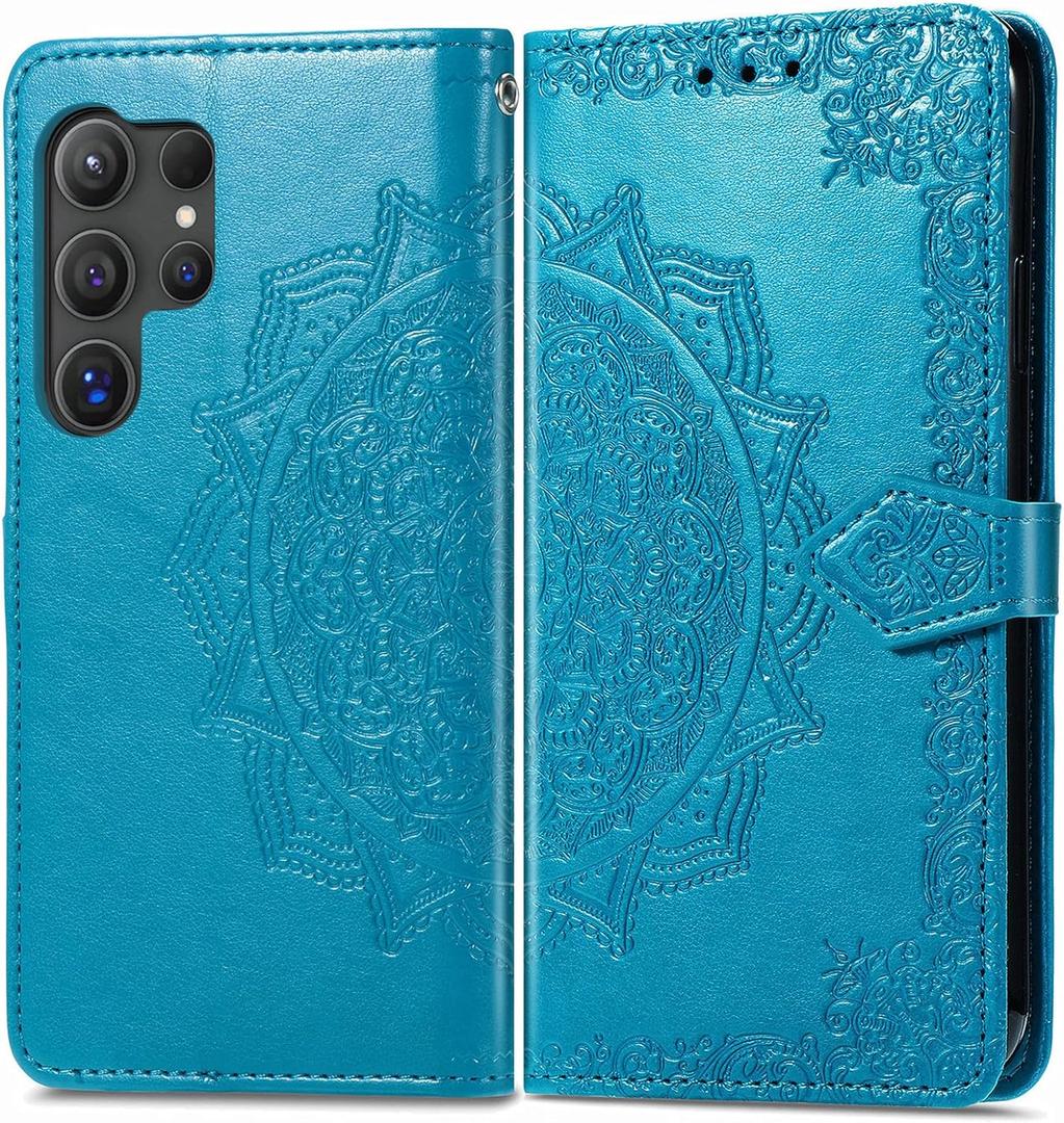 10 x Wallet Case for Samsung Galaxy S25 Ultra Case Leather Flip Folio Magnetic Shockproof Protective Cover with Card Slots and Lanyard Cover for Samsung Galaxy S25 Ultra. Mandala Blue
