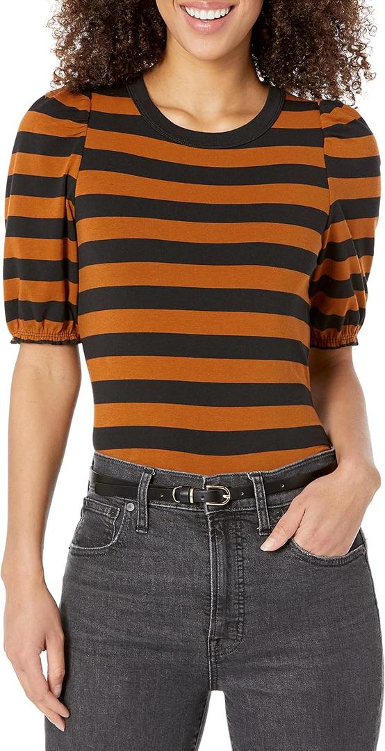 Amazon Essentials Women's Regular-Fit Puff Short-Sleeve Crewneck T-Shirt (XX-Large, Black Brown Placed Stripe)