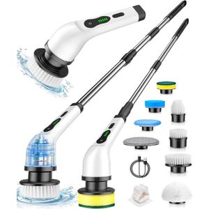 Electric Spin Scrubber, Cordless Cleaning Brush, Shower Scrubber with 8 Brush Heads 2H Power Dual Speed, Adjustable Extension Handle, IPX7 Waterproof for Tub Tile Car Floor Polishers, PA-25