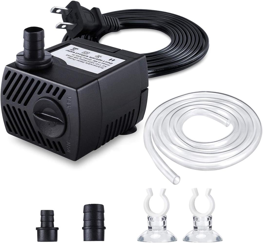 CWKJ Fountain Pump, 80GPH(4W 300L/H) Submersible Water Pump, Durable Outdoor Fountain Water Pump with 4.9ft Tubing (ID x 1/3-Inch), 3 Nozzles for Aquarium, Pond, Fish Tank, Water Pump Hydroponics