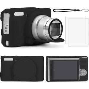 CboZpfa Camera Case for Canon PowerShot SX740/ SX730, Soft Silicone Protective Bag Removable Lens Cover, Anti-Scratch Slim Fit Lightweight Protective, 2 LCD Tempered Films, 1 Wrist Strap - Black