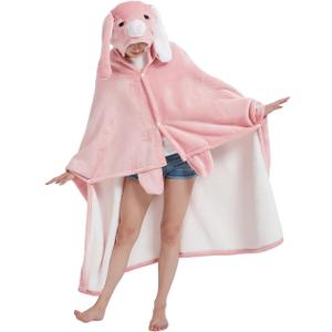 NAFLEAP Wearable Hooded Blanket for Adult Kids, Animal Blanket Hoodie Women Girl Fleece Sherpa Christmas Gift (Adult Pink Bunny)