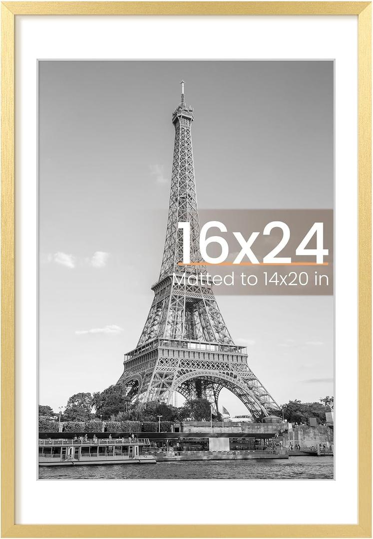 upsimples 16x24 Picture Frame, Display Pictures 14x20 with Mat or 16 x 24 Without, Wall Hanging Poster Frames, Gold, 1 Pack